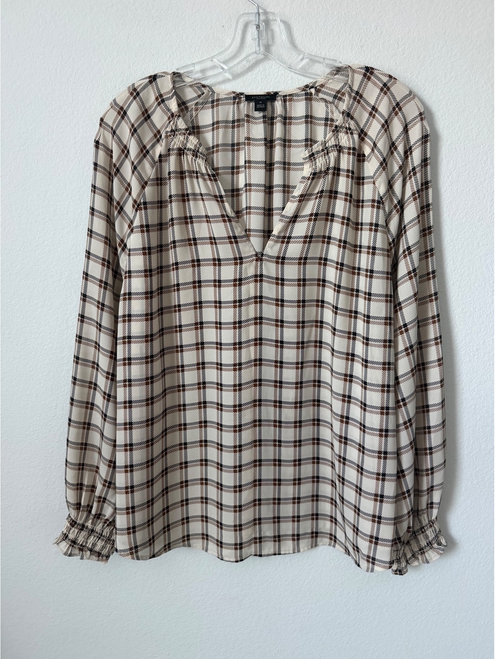 Ann Taylor Ruffled Long Sleeve VNeck Windowpane Check Cream/Brown Blouse Size XL